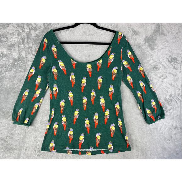 Anthropologie Postmark Forest Fete Scoop Neck Bird Print Top Medium 3/4 Sleeve - Picture 6 of 13